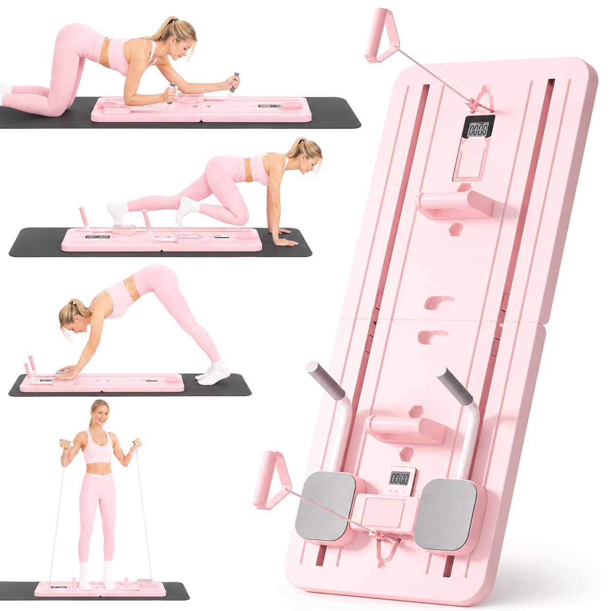 Collage de ejercicios con la Tabla Reformer de Pilates Ardanza en rosa: plancha, zancada, sentadilla y remo con banda de resistencia