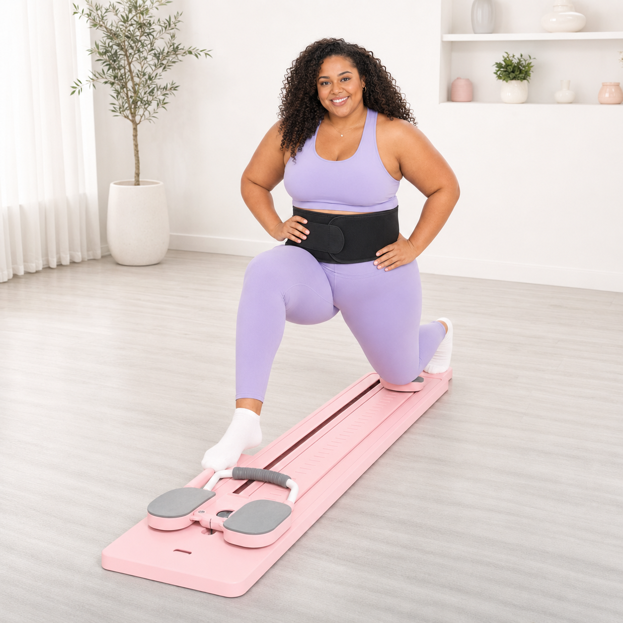 Mujer haciendo zancada sobre la Tabla Reformer de Pilates Ardanza con el Cinturón de Sudoración puesto en la cintura